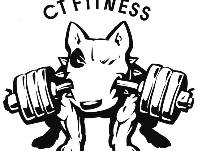 CT Fitness logo: a bull terrier lifting a dumbbell